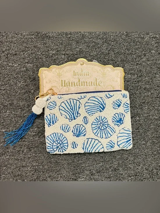 Made in India Beaded Shell Zip Pouch - White & Blue