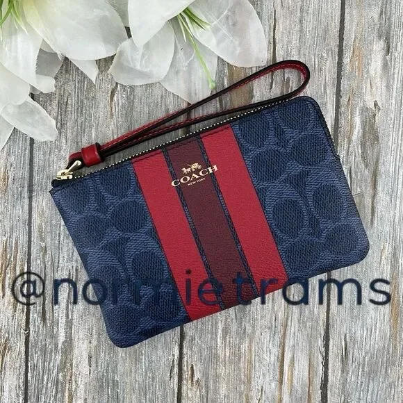 Coach Corner Zip Wristlet In Signature Canvas With Varsity Stripe Wallet Bag