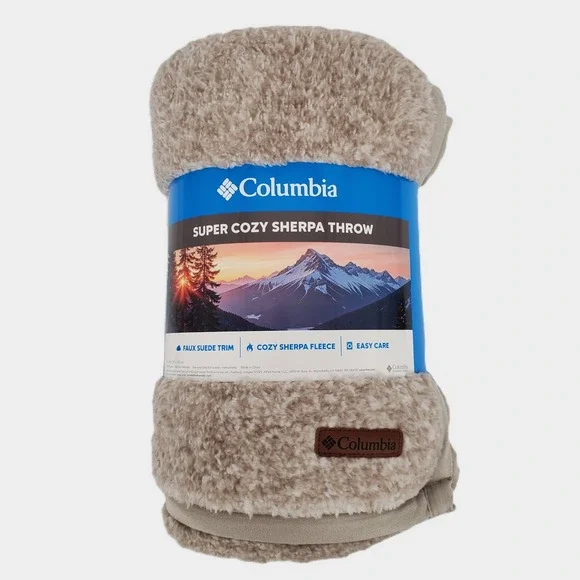 Columbia Super Cozy Sherpa Throw Blanket Tan Faux Suede Trim 50x60 DT001508A New