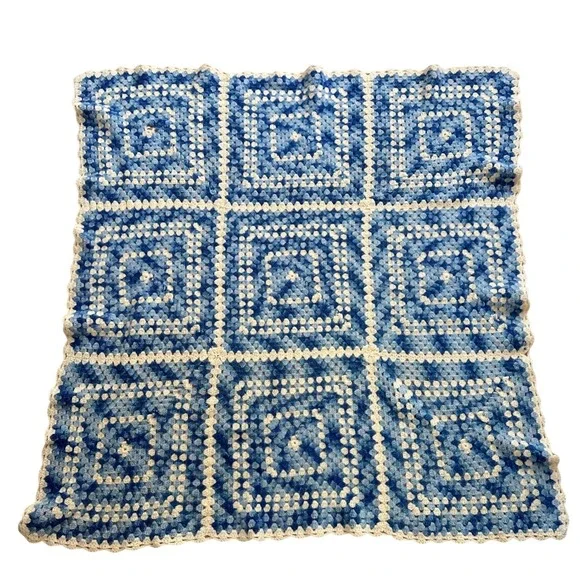 Handmade Granny Square Crochet‎ Blanket Throw Blue Cream Cozy Home Decor 46x45