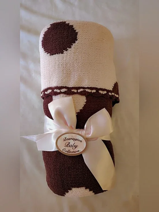 Bearington Baby Collection Chocolate & Pink Polka Dot Knit Blanket (NWT)