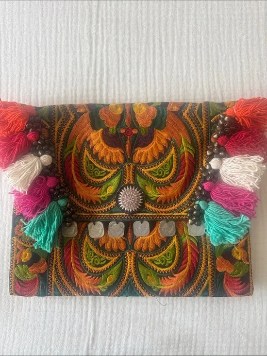 Hand Crafted Multicolor Tassel Clutch - Vibrant Orange & Green