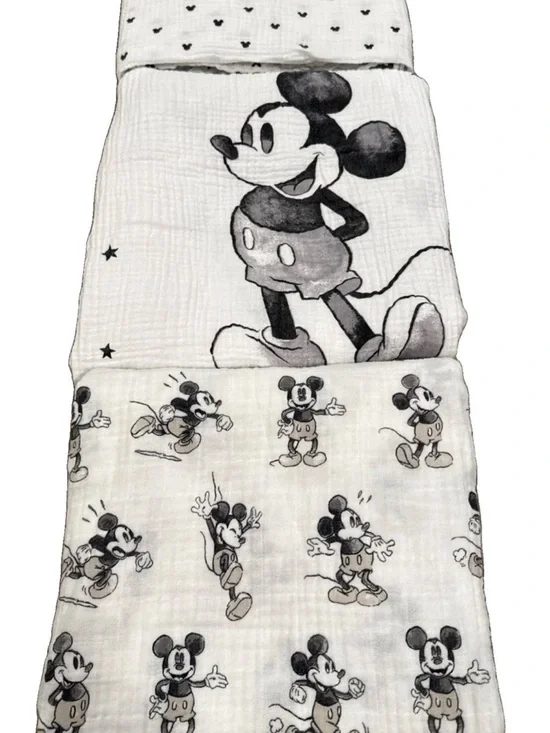 Pottery Barn Kids Disney Mickey Mouse Organic Cotton Muslin Blankets 3pc HTF