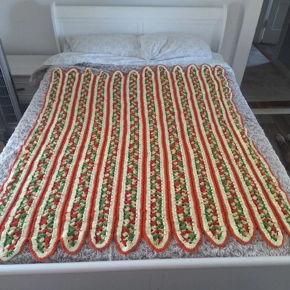 Vintage Strip‎ Afghan Throw Blanket 58x47 Orange Green MCM Decor