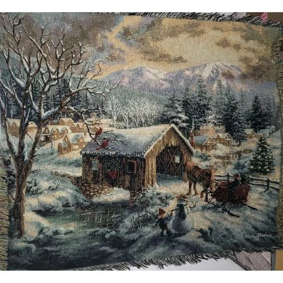 Nicky Boehme Covered Bridge Christmas Winter Woven Tapestry Throw Blanket 58x48