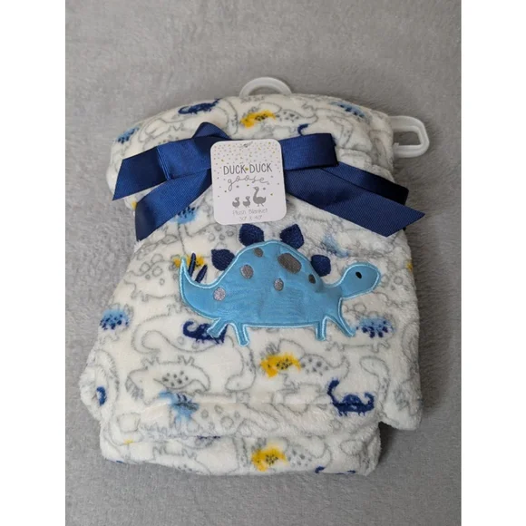 Duck Duck Goose Baby Blanket White Blue Dinosaur Plush One Size New