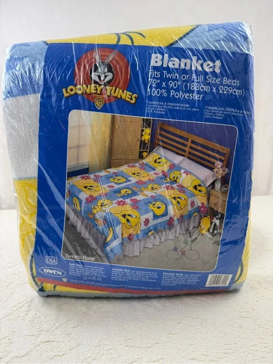 Vintage 2001 Looney Tunes Tweety Bird Floral Blanket Twin Full 72x90 NOS