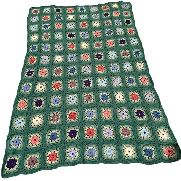 GRANNY SQUARE CROCHETED MULTI COLORED GREEN THROW PICNIC BLANKET KNIT HANDMADE