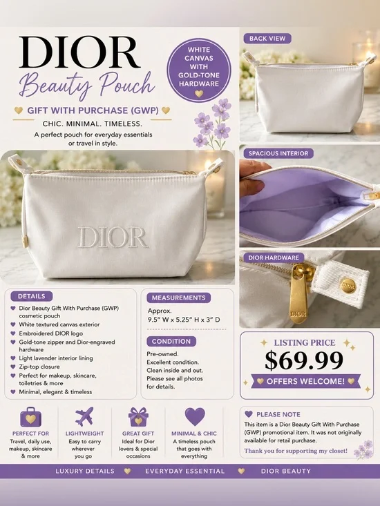 Dior Beauty White Cosmetic Pouch GWP Gold-Tone Hardware