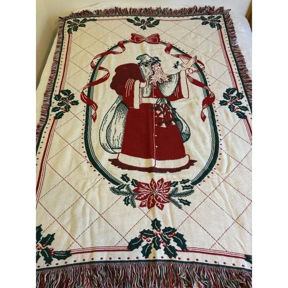 Vtg Heavy Tapestry Throw Blanket Santa Claus Toys Christmas 71