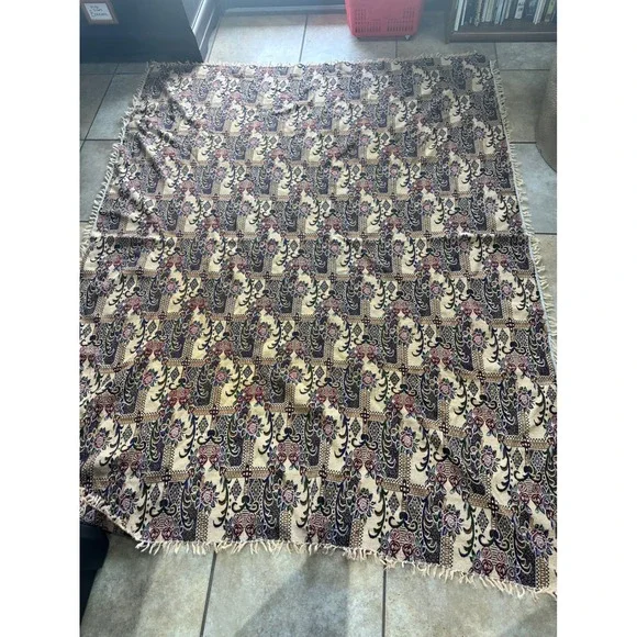 Vintage Woven Tapestry Floral Damask Fringe Throw Blanket Multicolor 72x90