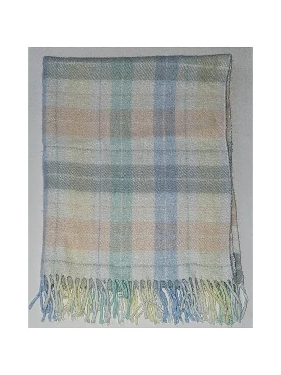 VTG WPL 1675 Plaid Baby Blanket Acrylic Pastel Pink Blue Yellow White Fringe