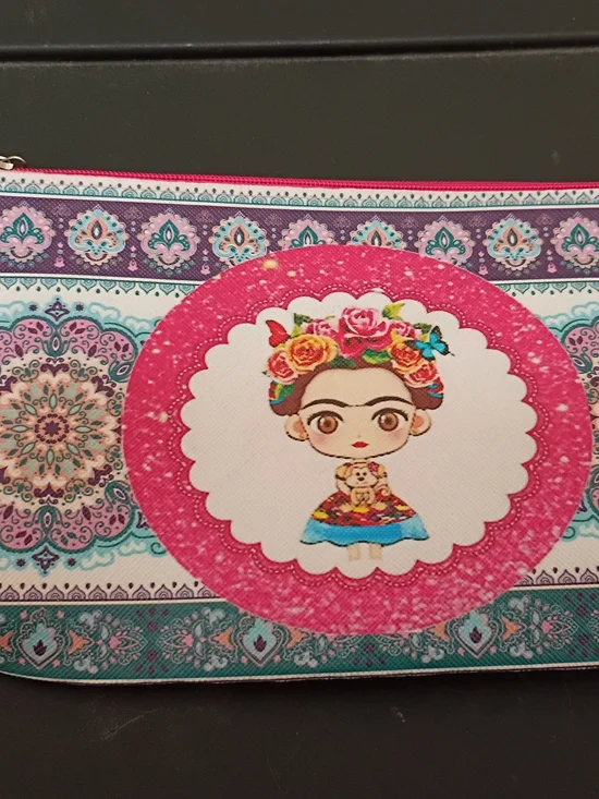 Pink Floral Character Cosmetic Pouch with Turquoise Accents