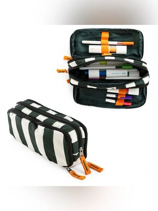Yoobi Triple Zip Pouch - Green/Cream Stripe
