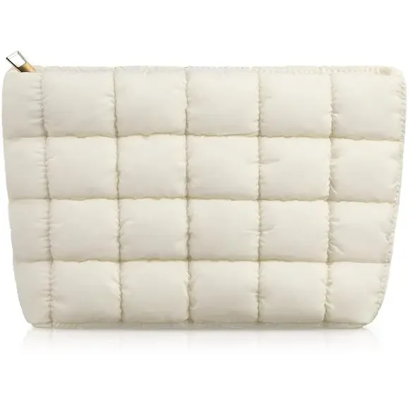 Puffy Quilted Makeup Bag White Checkered Travel Cosmetic Toiletry‎ NEW