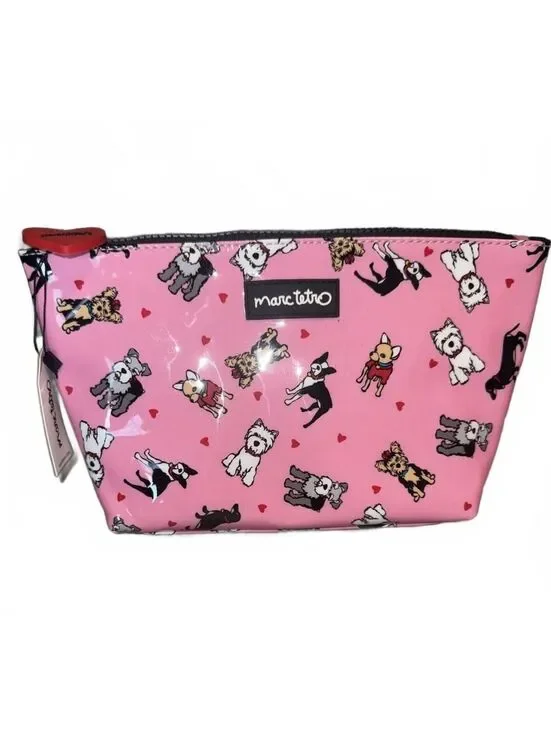 Marc Tetro Pink Dog Print Zip Makeup Cosmetic Bag Case Chihuahua Boston Terrier