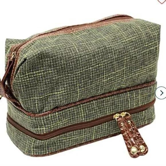 Samantha Brown Vintage TWEED Drop Bottom Toiletry Bag OLIVE nwt