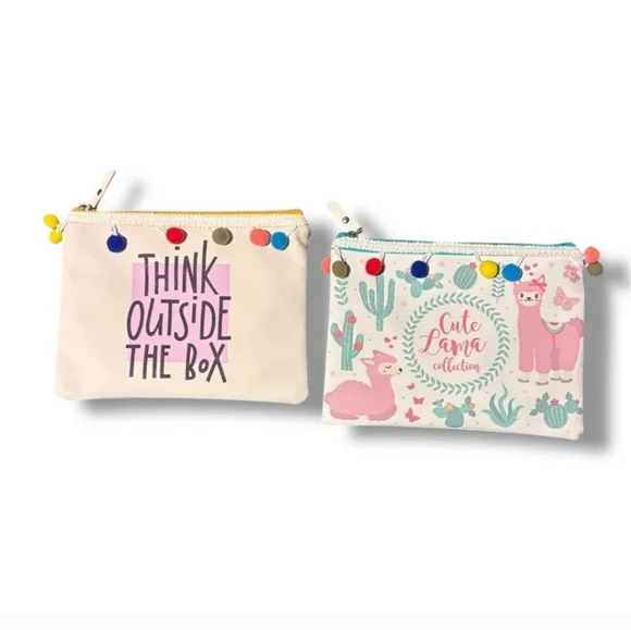 Colorful Zip Top Cosmetic Makeup Case Pom Pom Detail Set of Two NEW
