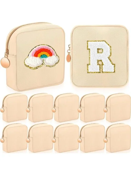 12 Pcs Mini Square Makeup Bags - Small Beige Nylon Pouches for Travel & Purse