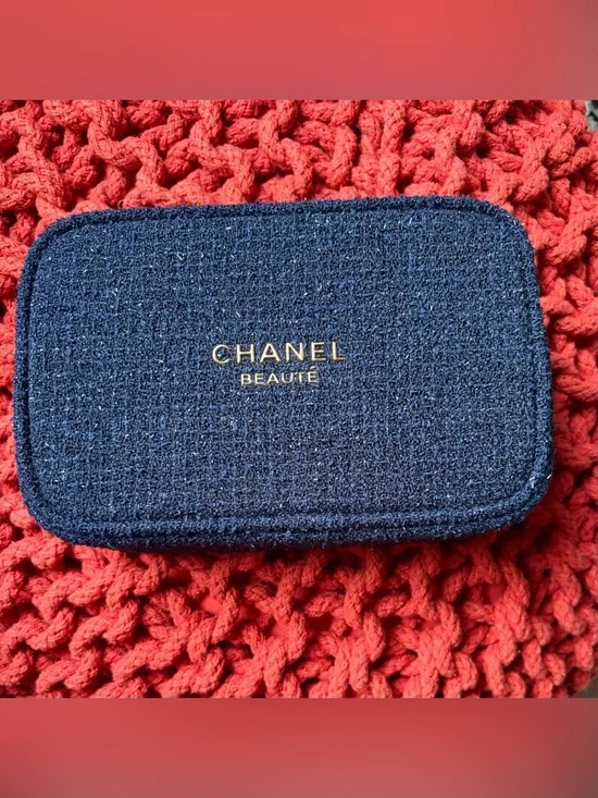 CHANEL Navy Tweed Cosmetic Pouch | Gold Logo & Camellia Charm | NIB - Pouch Only