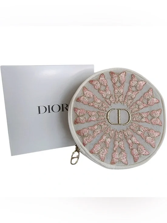 Dior Cream and Pink Embroidered Butterfly Round Pouch