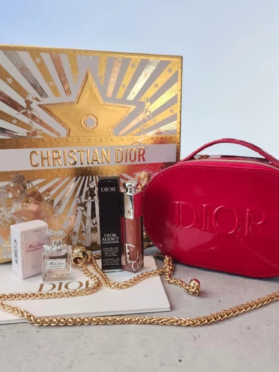 Dior Red Patent Leather Cosmetic Crossbody Bag with Gold Chain -NEW