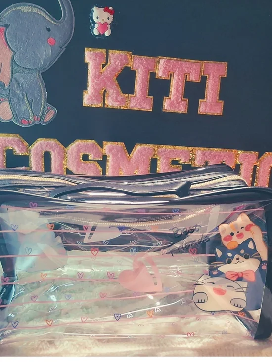 Clear Kitty Print Kids Cosmetic Pouch - Pink Accents