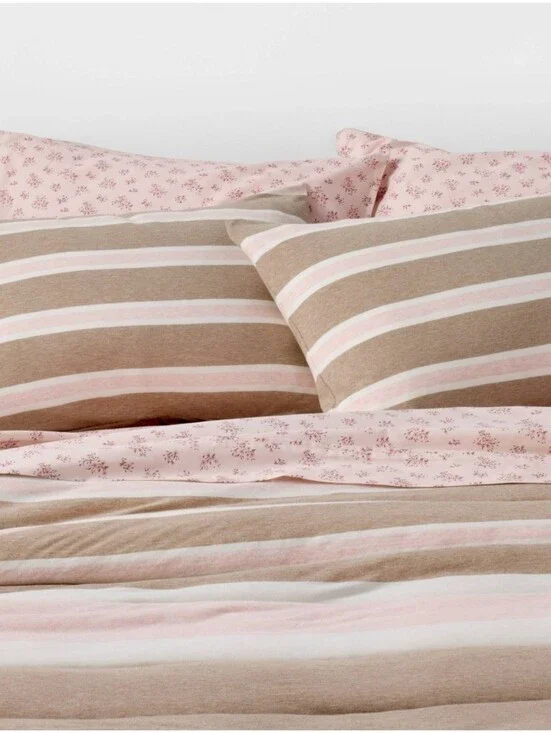 Full/Queen Hollister Cali Reversible Jersey Puff Comforter Set Pink/Brown Stripe