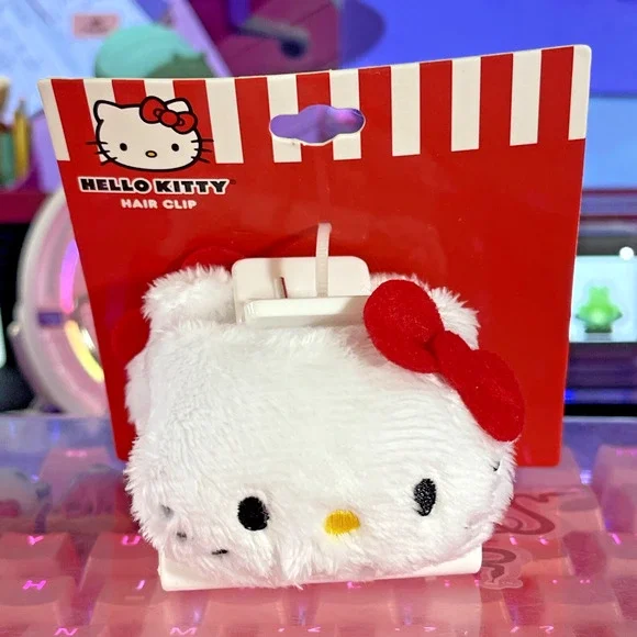 Hello Kitty Hair Claw Clip Soft Fuzzy Furry Plush White 3D  Red Bow 2024 Sanrio