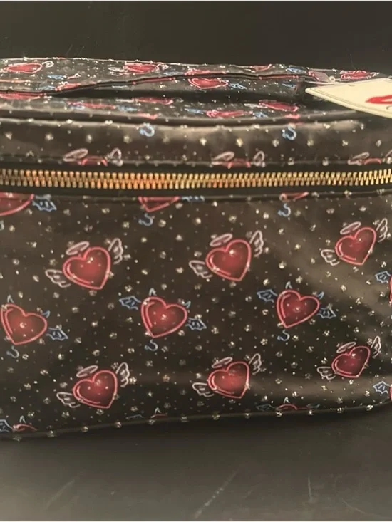 Black Cosmetic Pouch with Red Heart Print - Travel Makeup Case