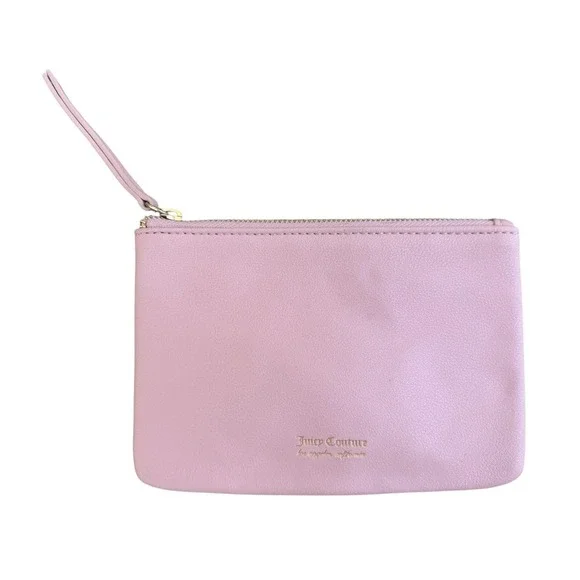 Juicy Couture Pink Wristlet Makeup Bag Cosmetic Pouch Y2K Gold Logo Zip Clutch