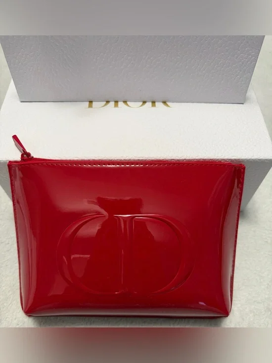 Dior Red Patent Cosmetic Pouch with Embossed CD Logo