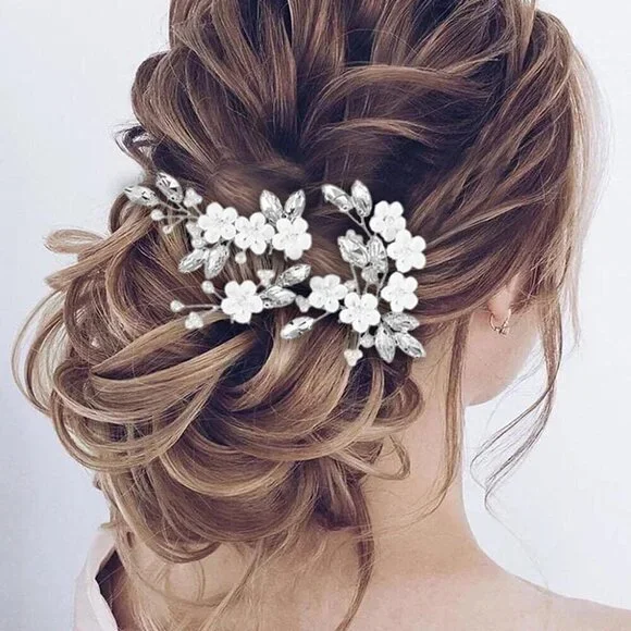Flower Bride Wedding Hair Pins Silver Crystal Bridal Hair Pieces Pearl Hair Acce