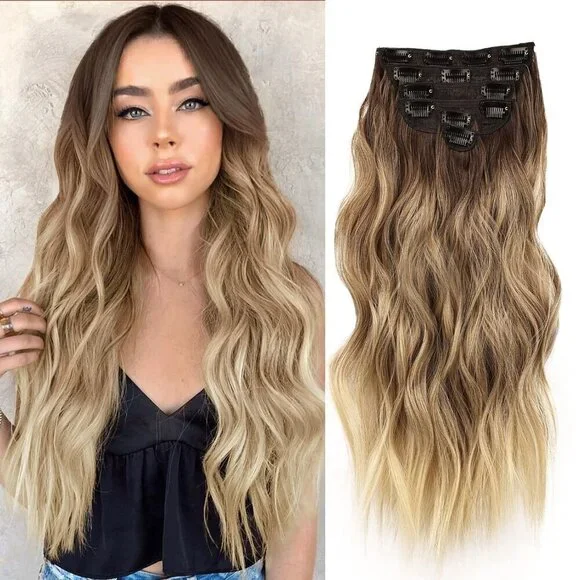Clip in Hair Extensions for Women 20 Inch Long Wavy Curly Ombre Brown to Blonde