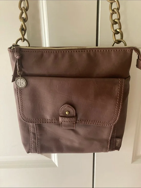 Relic brown vegan leather cross body shoulder purse flap front pocket, zipper