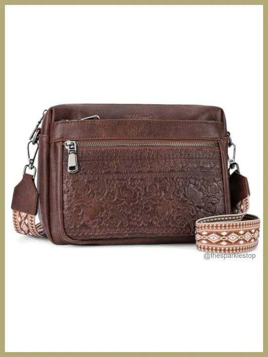 Trendy Vegan Leather Floral Embossed Crossbody Purse with Adjustable Strap