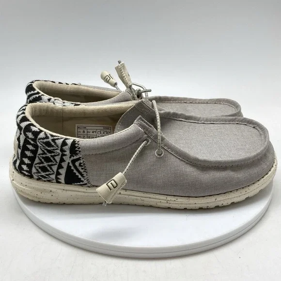 Hey Dude Mens 8 Wally Funk Jacquard Bungee Gray‎ Beige Aztec Shoes Slip-On