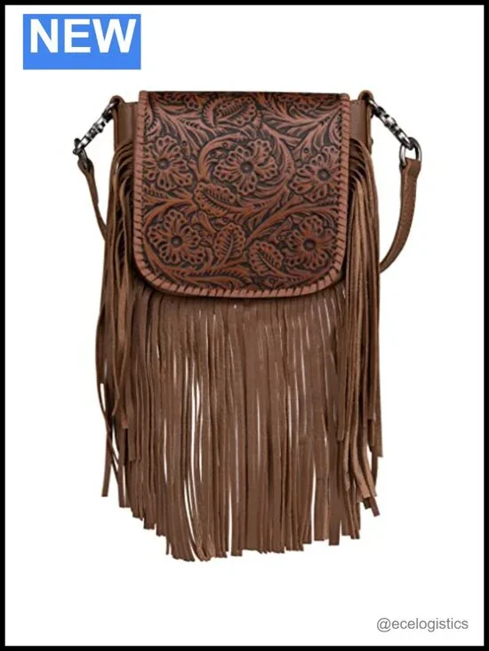 Genuine Leather Fringe Crossbody Bag with Floral Tooled Pattern - Small