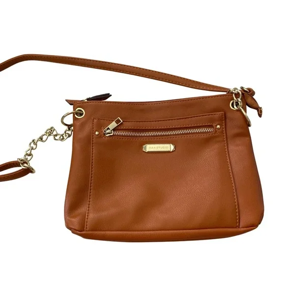 Max‎ Studio Cognac Brown Vegan Leather Crossbody Bag Gold Chain