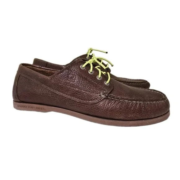 Sperry Mens Ranger Mocs Size‎ 12 Dark Brown Tumbled Leather Lime Green Laces