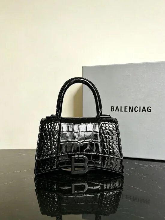Balenciaga Hourglass XS Black Crocodile Embossed Handbag