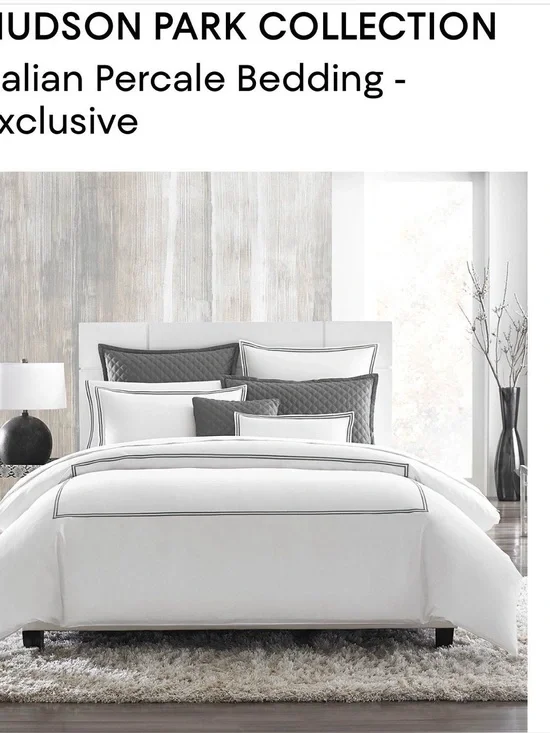 Hudson Park Collection White and Gray Italian Percale Queen Duvet & Shams