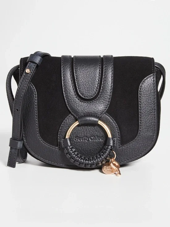 See By Chloe Black Leather and Suede Hana Mini Crossbody with Braided Ring