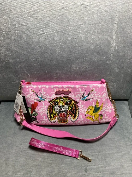 Ed Hardy Pink Graphic Shoulder Bag with Rhinestone Tiger, Gold Chain Accents