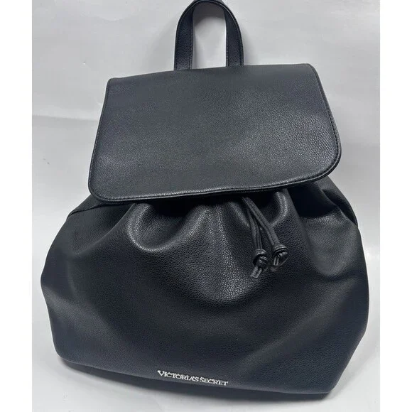Victoria's Secret Backpack Purse Tote Black Faux Leather Drawstring 14