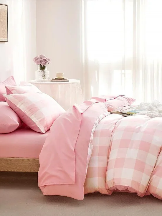 Wake In Cloud Pink White Gingham Duvet Cover Set Queen Plaid 3 Piece NIP