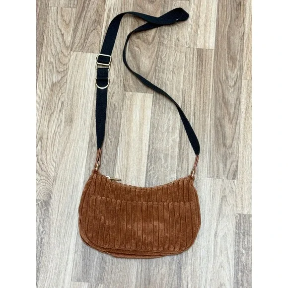 Wild Fable Brown Corduroy Crossbody Bag Crescent Shoulder Bag Gold Hardware