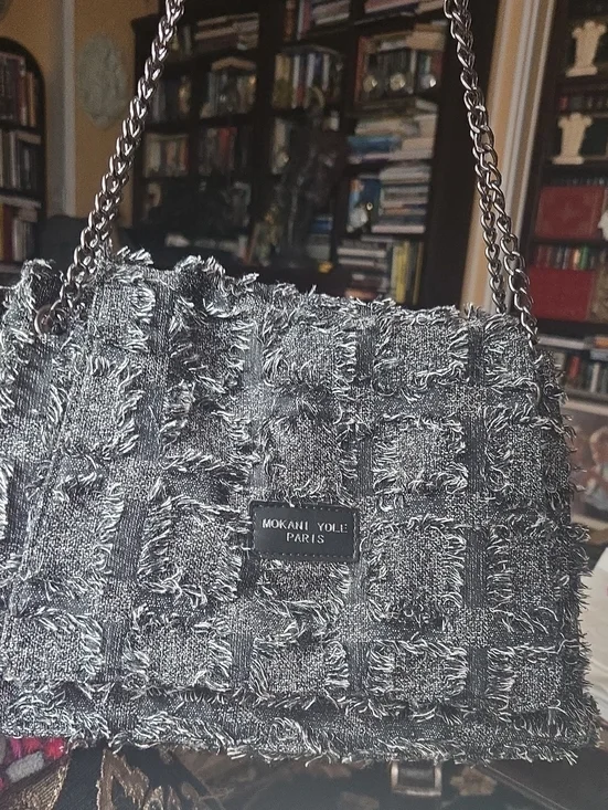 Statement Textured Denim Artistic Paris Mokani Elgant Bag wGun Metal Chain
