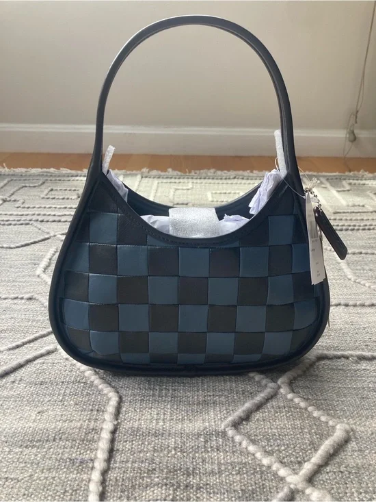 COACHTOPIA Limited Edition Woven Checker Hobo Shoulder Bag in Dark Blue & Black