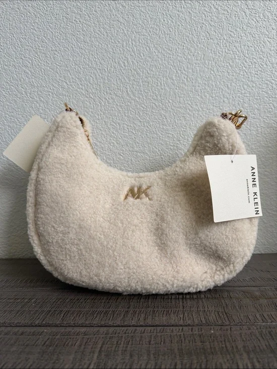 Anne Klein Cream Sherpa Crescent Hobo Shoulder Bag with Gold AK Accent NEW